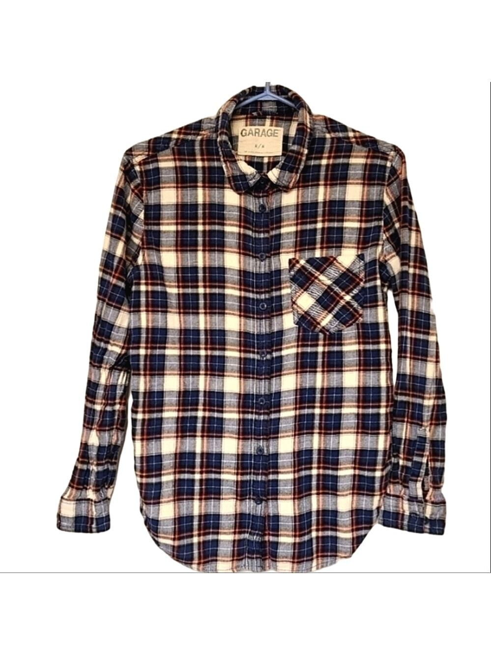 Garage Cozycore Button Down Shirt Plaid Flannel Oversized Casual Blue Cotton EUC